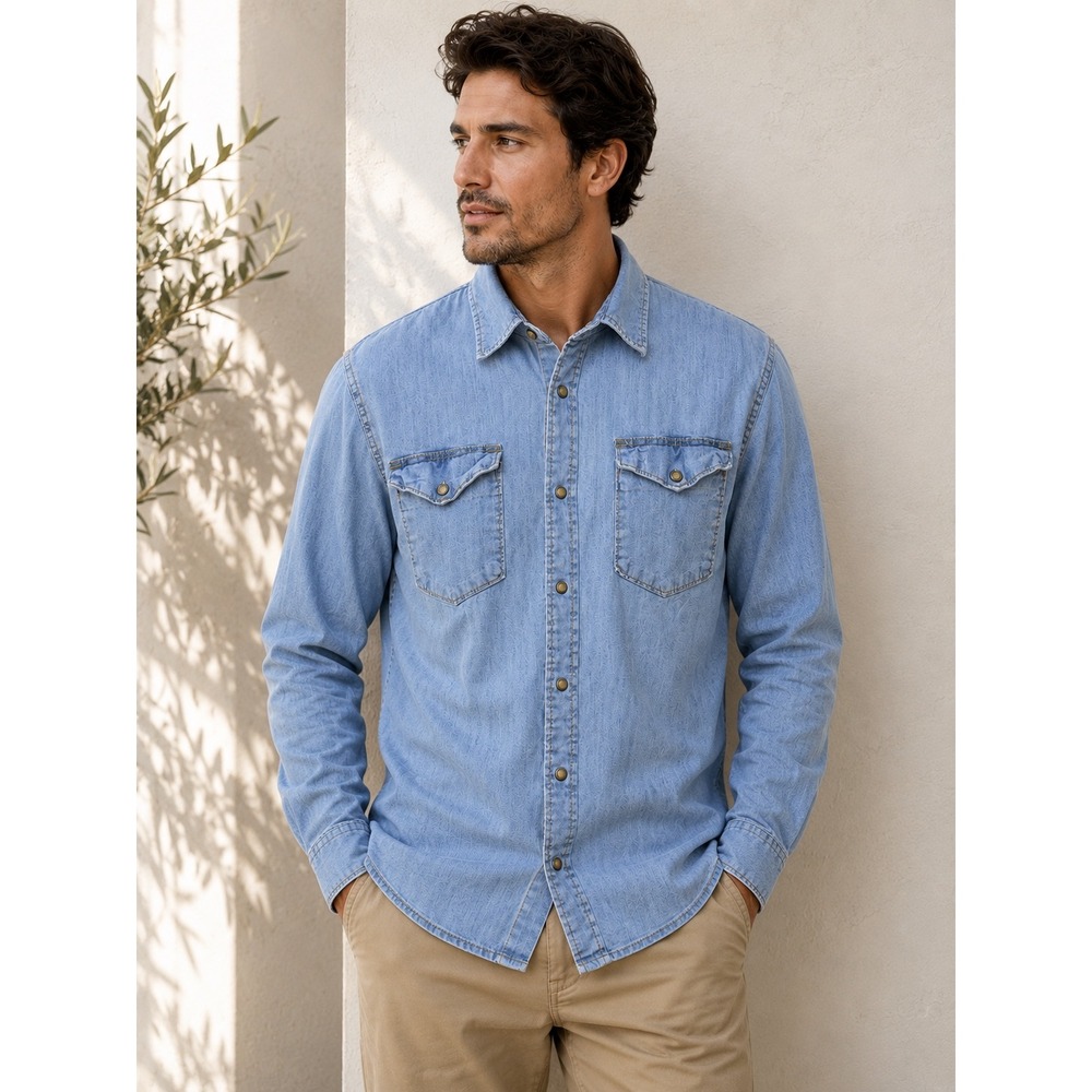 Wrangler Mens Indigo Denim Western Shirt Light Wash Stretch Snap Pocket‎ Medium